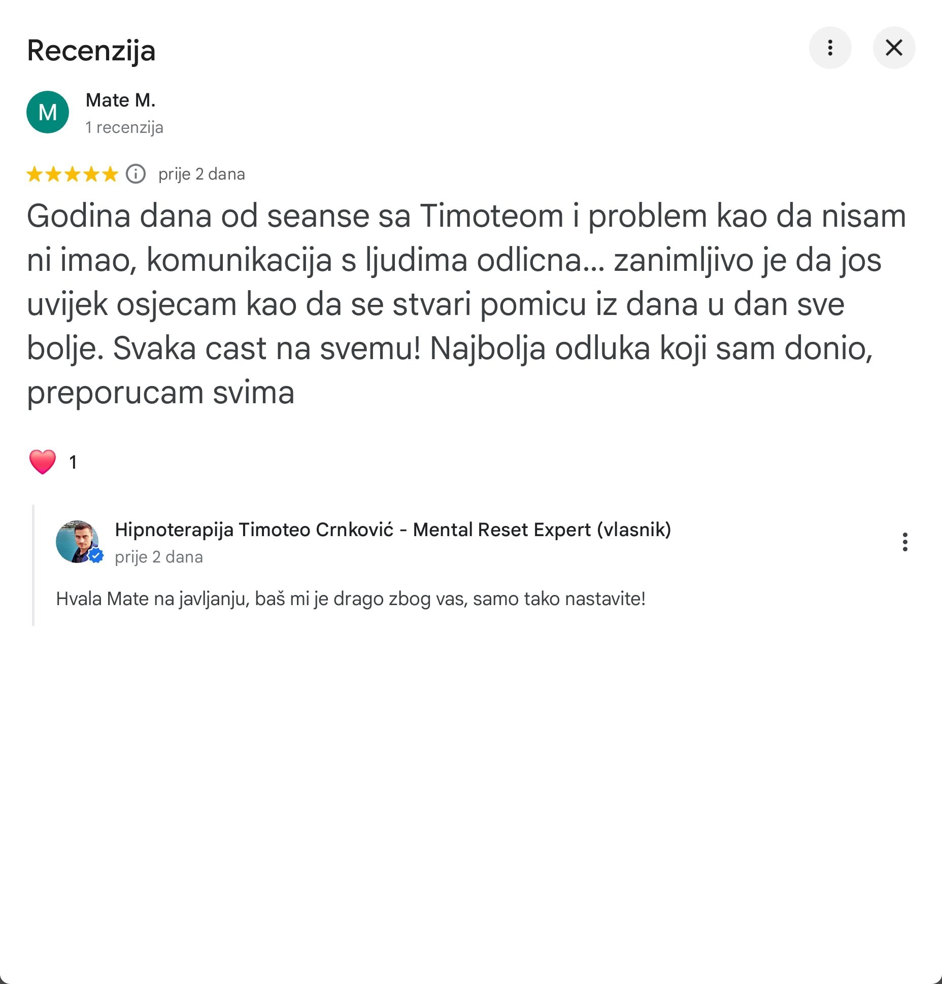 Google recenzija s pet zvjezdica za hipnoterapiju
