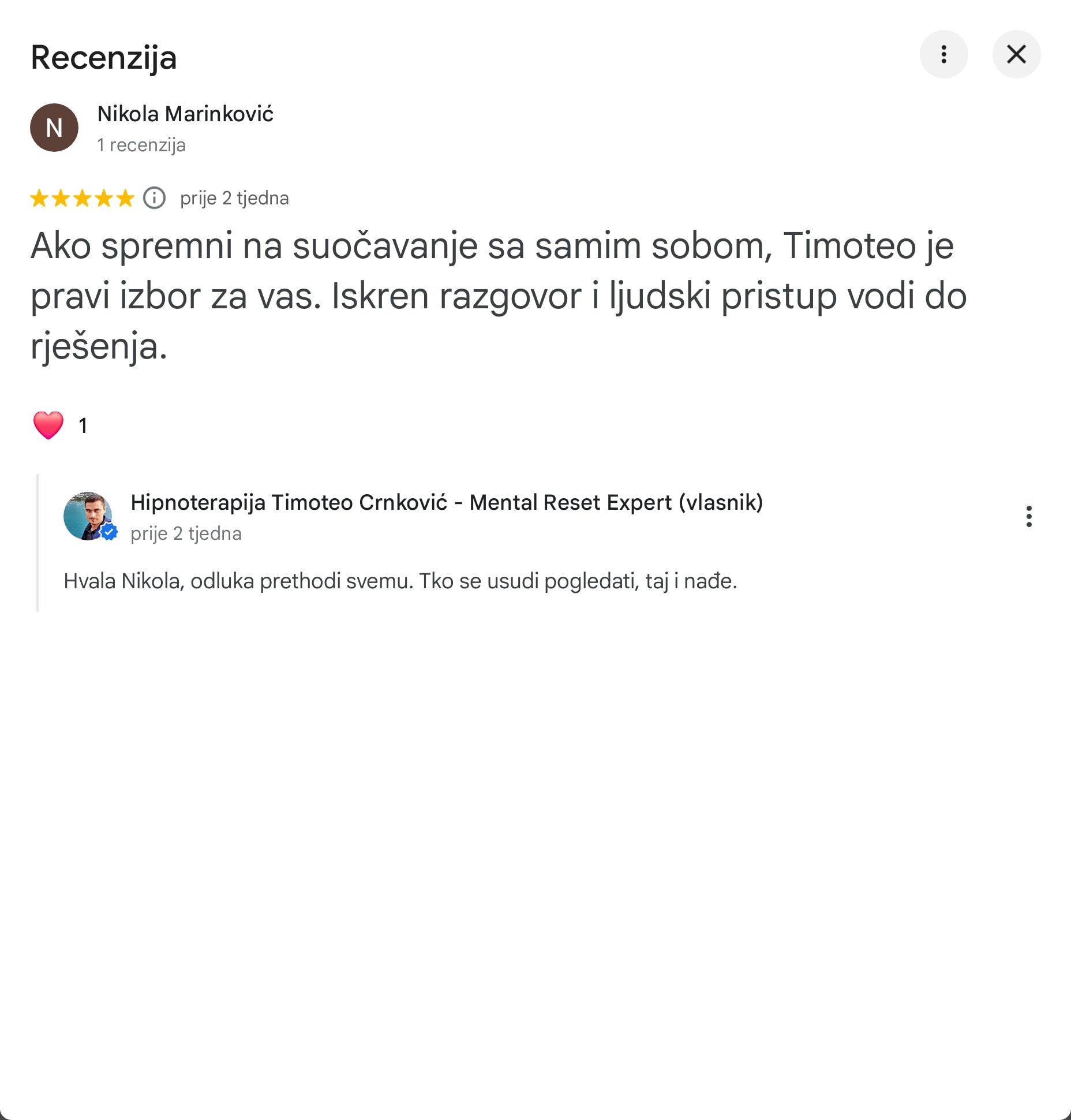 Pet zvjezdica recenzija za hipnoterapiju Timoteo Crnković