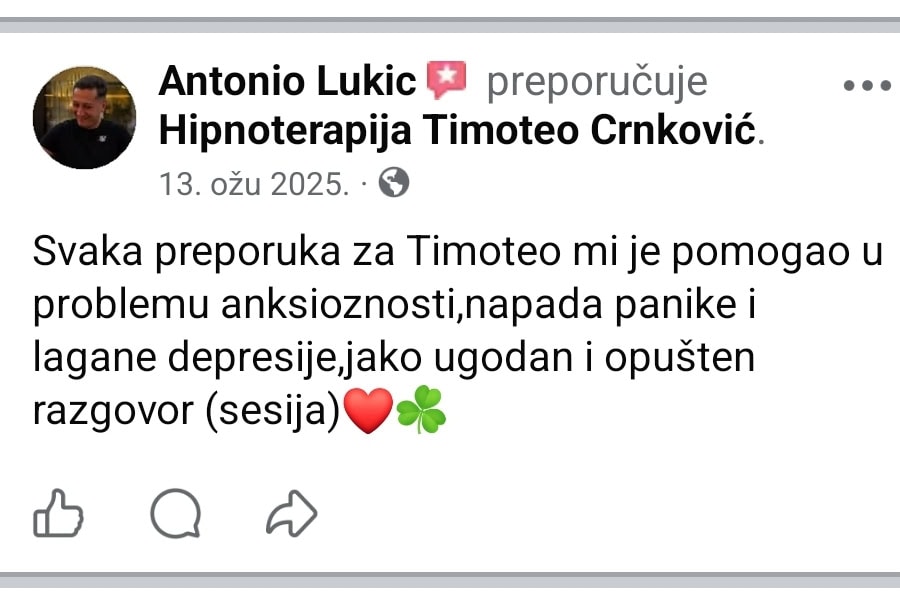 Facebook preporuka za hipnoterapiju Timotea Crnkovića