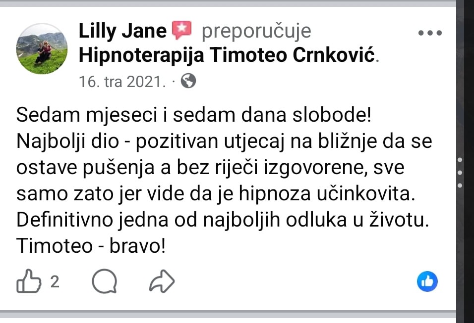 Facebook preporuka za hipnoterapiju Timotea Crnkovića