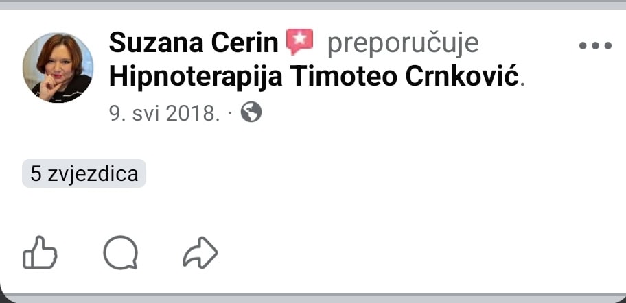 Facebook preporuka Suzane Cerin za hipnoterapiju s pet zvjezdica