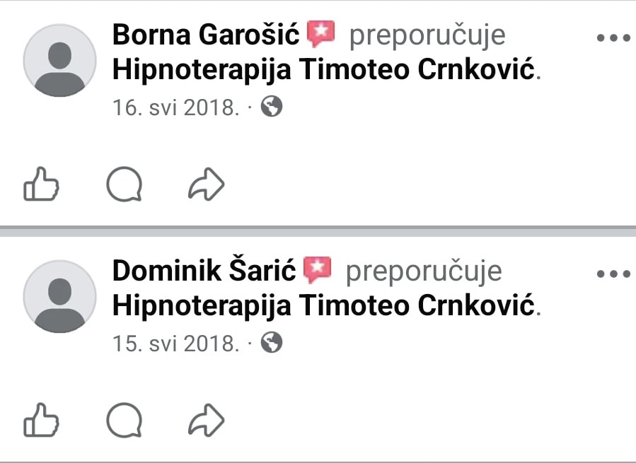 Dvije Facebook preporuke za hipnoterapiju Timotea Crnkovića
