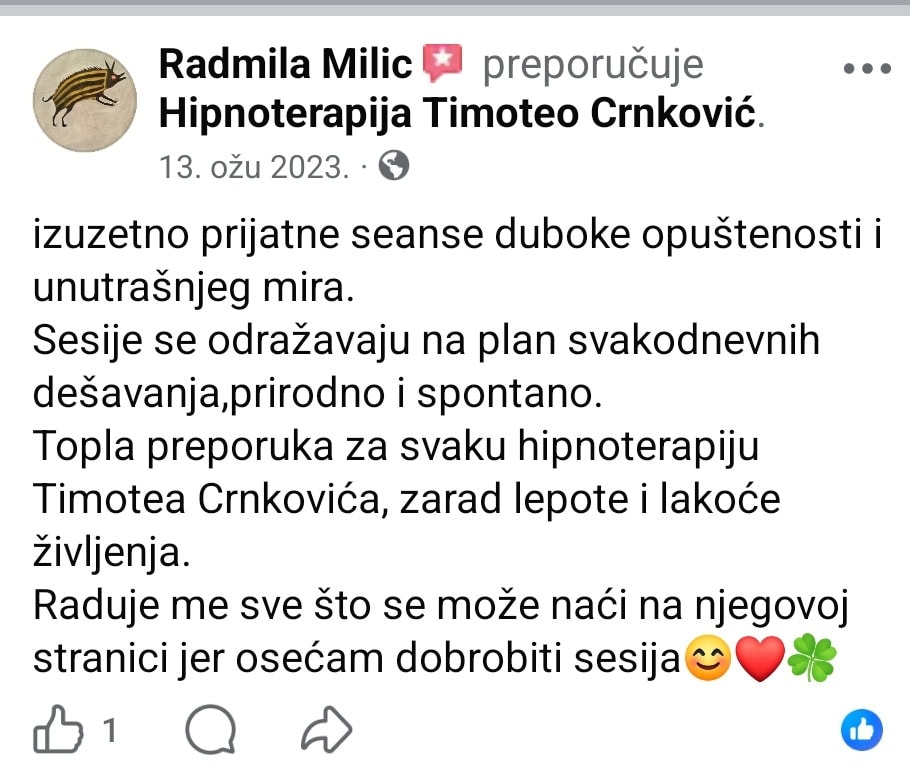 Facebook preporuka za hipnoterapiju Timotea Crnkovića