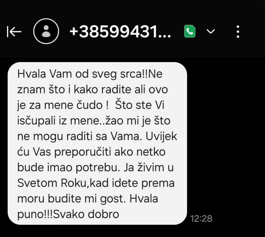 Snimka zaslona poruke zahvale na mobitelu