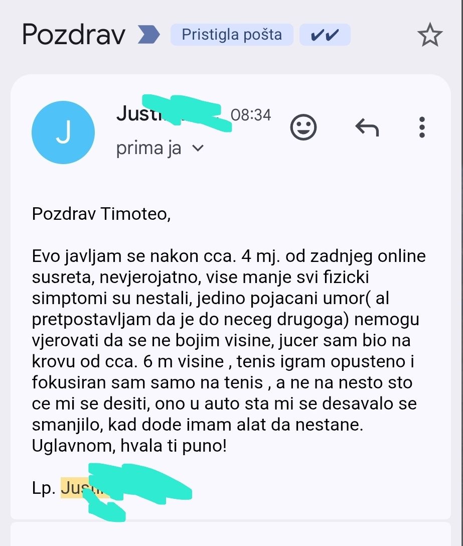 Snimka zaslona e-mail poruke na hrvatskom jeziku strah od visine voznje iskustvo hipnoterapija