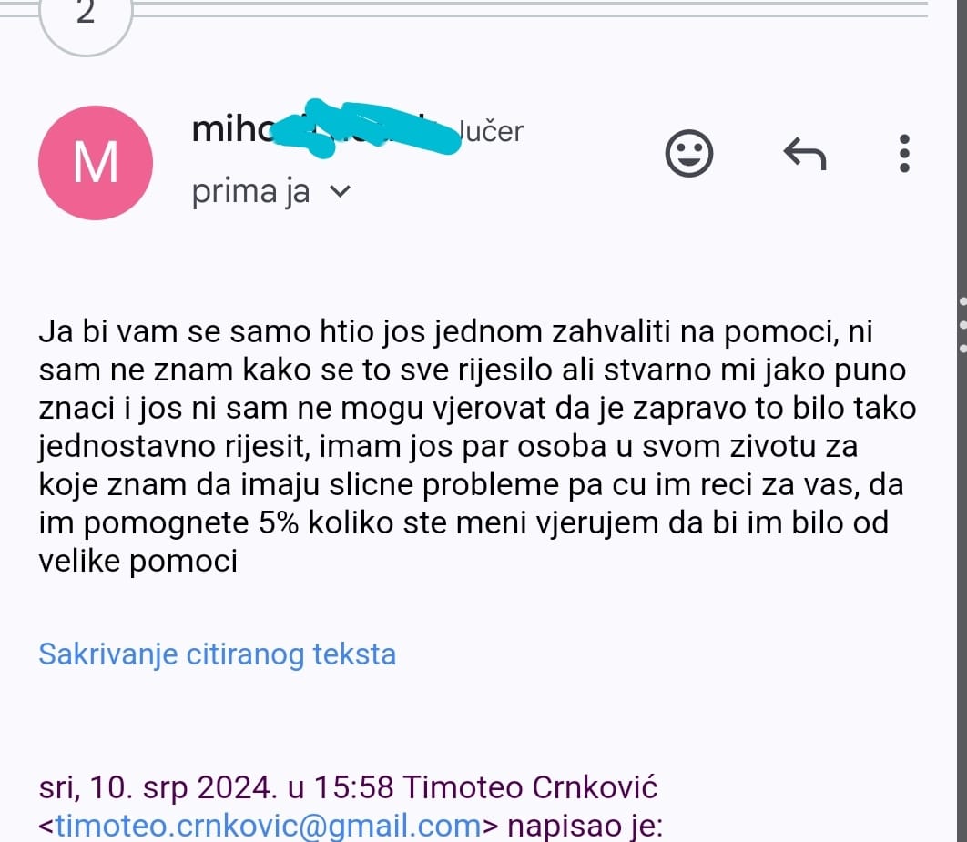 Snimka zaslona e-mail poruke zahvale