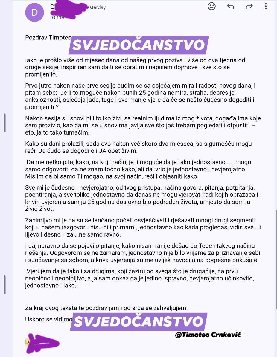 Snimka zaslona svjedočanstva s naslovom SVJEDOČANSTVO za Timotea Crnković i njegovog Rapid Mental Reset programa