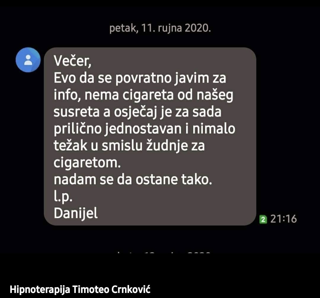 Poruka o prestanku pušenja nakon hipnoterapije Timotea Crnkovića