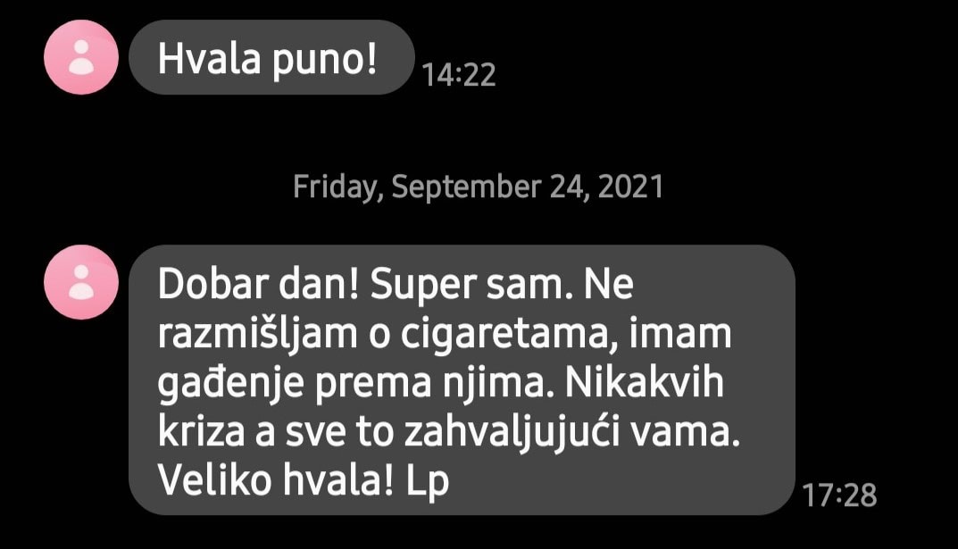 Snimka zaslona poruke zahvale o prestanku pušenja hipnoza protiv pušenja timoteo crnković