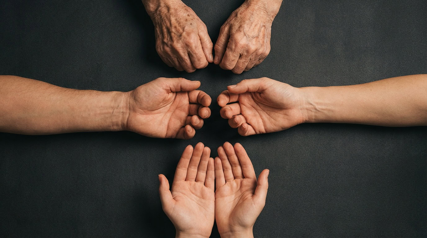 transgeneracijski prijenos anksioznosti panike Tri generacije ruku simboliziraju transgeneracijski prijenos anksioznosti, od stisnutih šaka do otvorenih dlanova