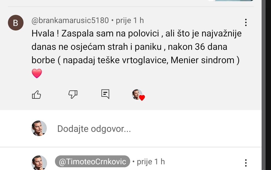 Snimka zaslona komentara o oporavku od vrtoglavice