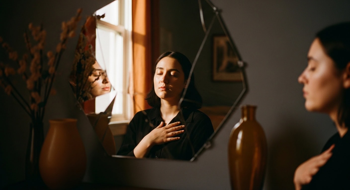 Osoba sjedi u zamračenoj prostoriji s rukom na prsima dok razmišlja o uzrocima napada panike — fragmentirani odraz u ogledalu simbolizira unutarnji konflikt