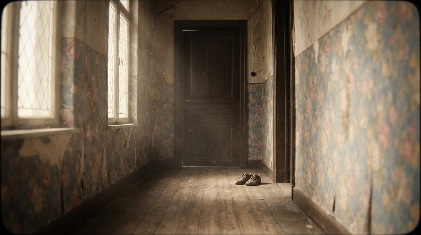 Prazan hodnik starog stana s dječjim cipelama kraj vrata ,, simbolizira nesvjesne obrasce iz djetinjstva koji uzrokuju napade panike u odrasloj dobi