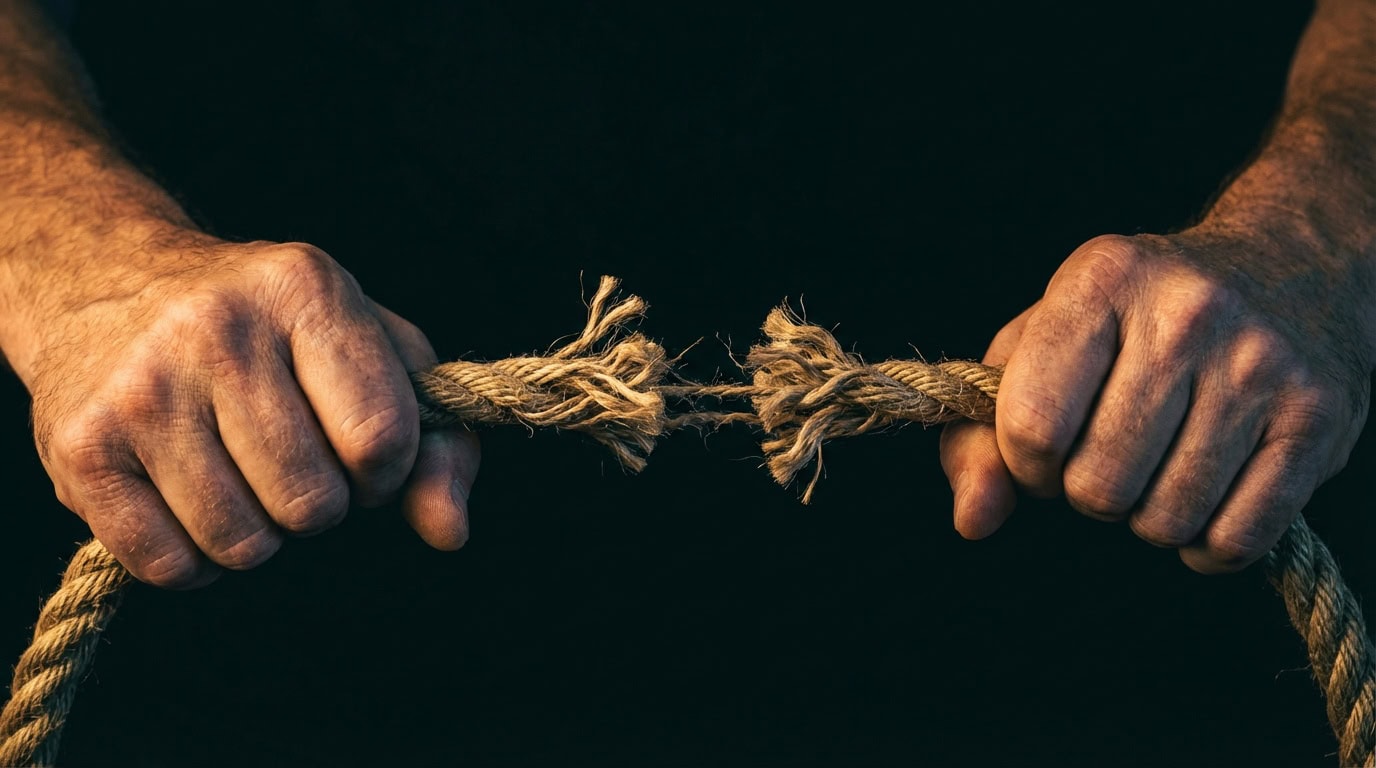 Ruke stegnute oko užeta koje se raspada — vizualna metafora za zablude o kontroliranju napada panike