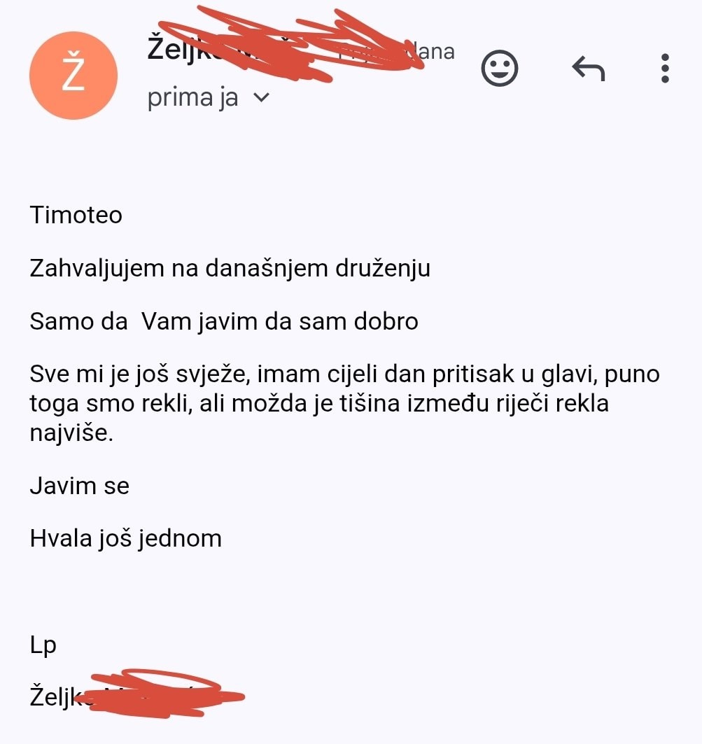 Snimka zaslona e-mail poruke zahvale Timoteu Crnkoviću na uspješno odrađenoj hipnoterapiji